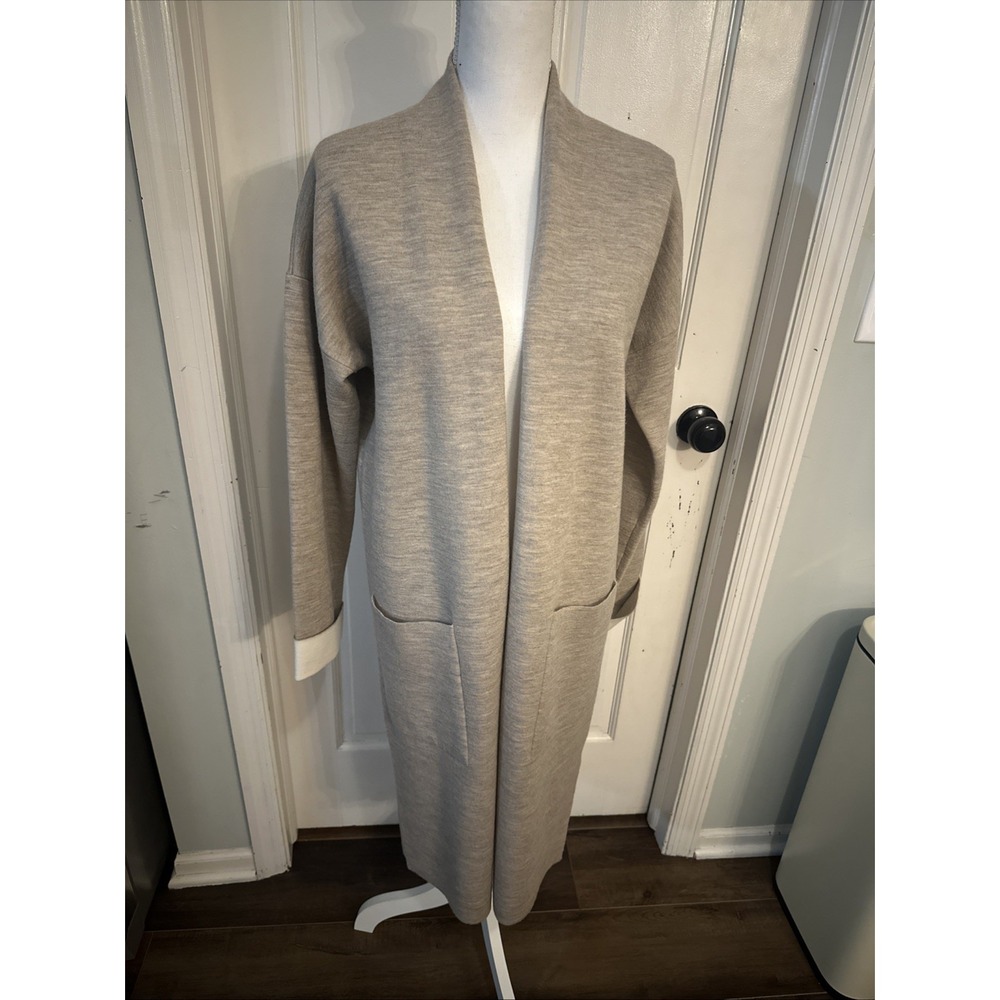Theory Open Front Double Face Wool Cardigan Beige Pockets $598. MSRP Size Medium
